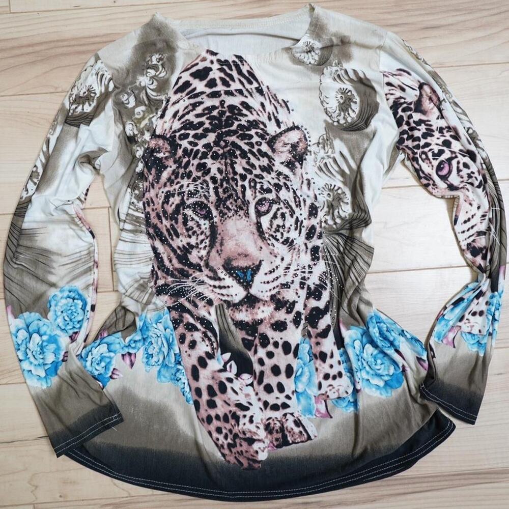 Vintage leopard graphic top blue floral rhinestone long sleeve one size y2k glam